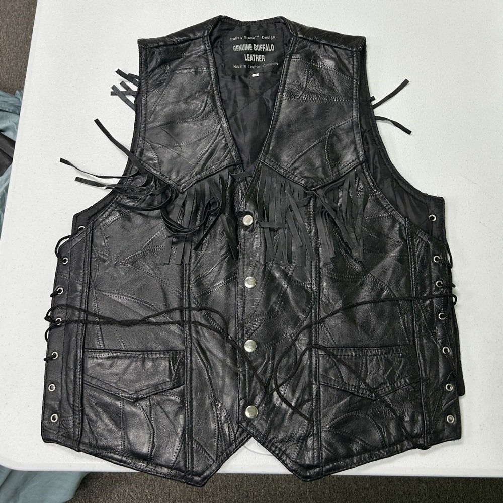 Navarre Leather Company Buffalo Leather Vest Mens M Black Fringe Patchwork G2
